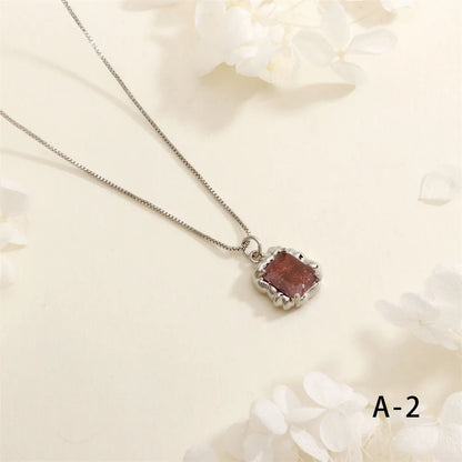 Copper 18K Gold Plated Inlay Geometric Square Artificial Crystal Pendant Necklace