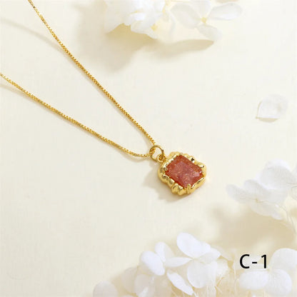 Copper 18K Gold Plated Inlay Geometric Square Artificial Crystal Pendant Necklace