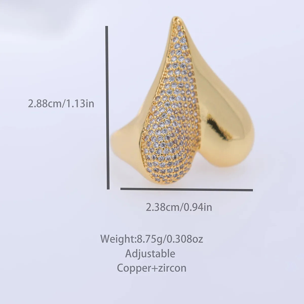 Copper 18K Gold Plated Inlay Heart Shape Bow Knot Zircon Open Rings