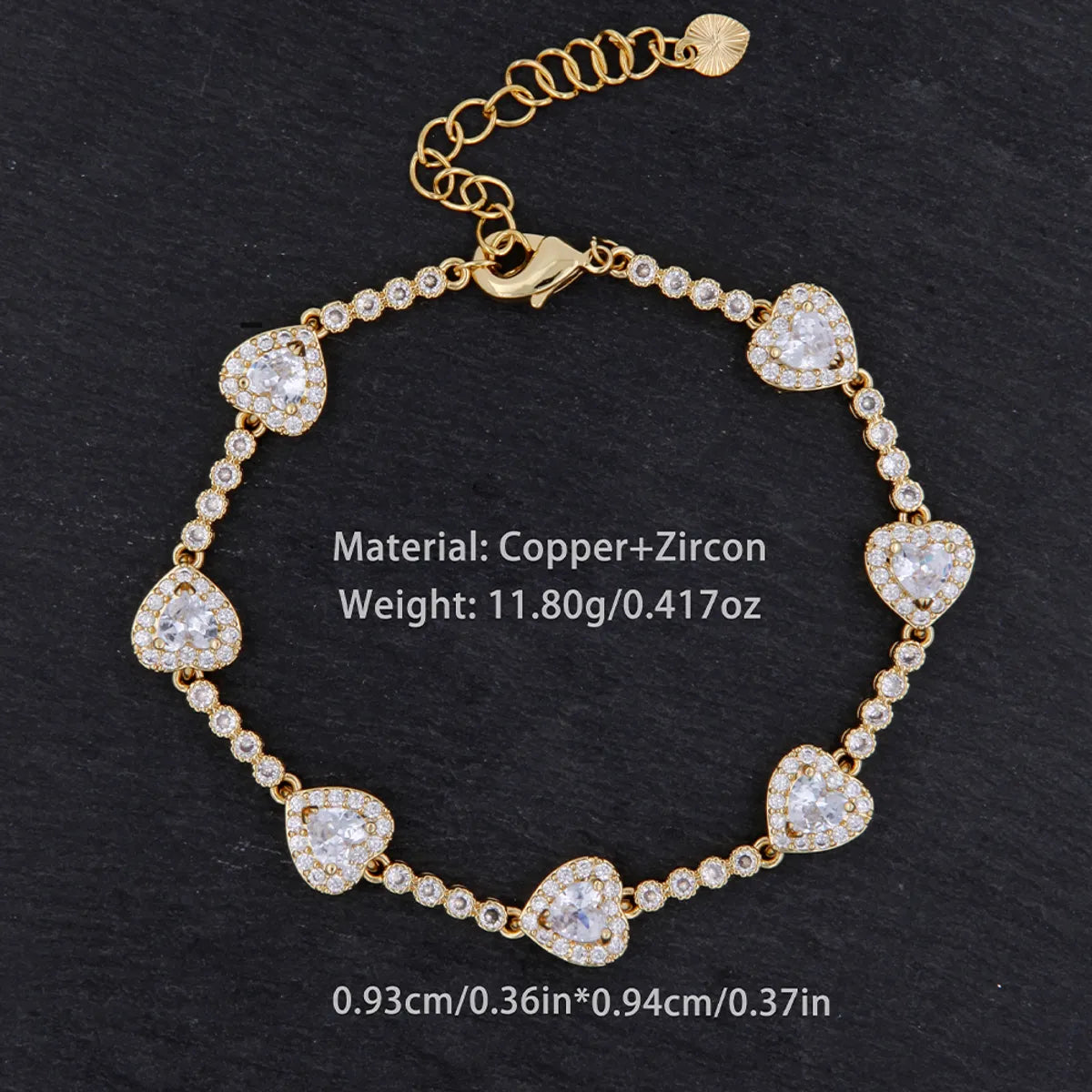 Copper 18K Gold Plated Inlay Heart Shape Zircon Bracelets