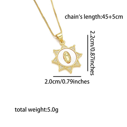 Copper 18K Gold Plated Inlay Human Geometric Virgin Mary Shell Zircon Pendant Necklace