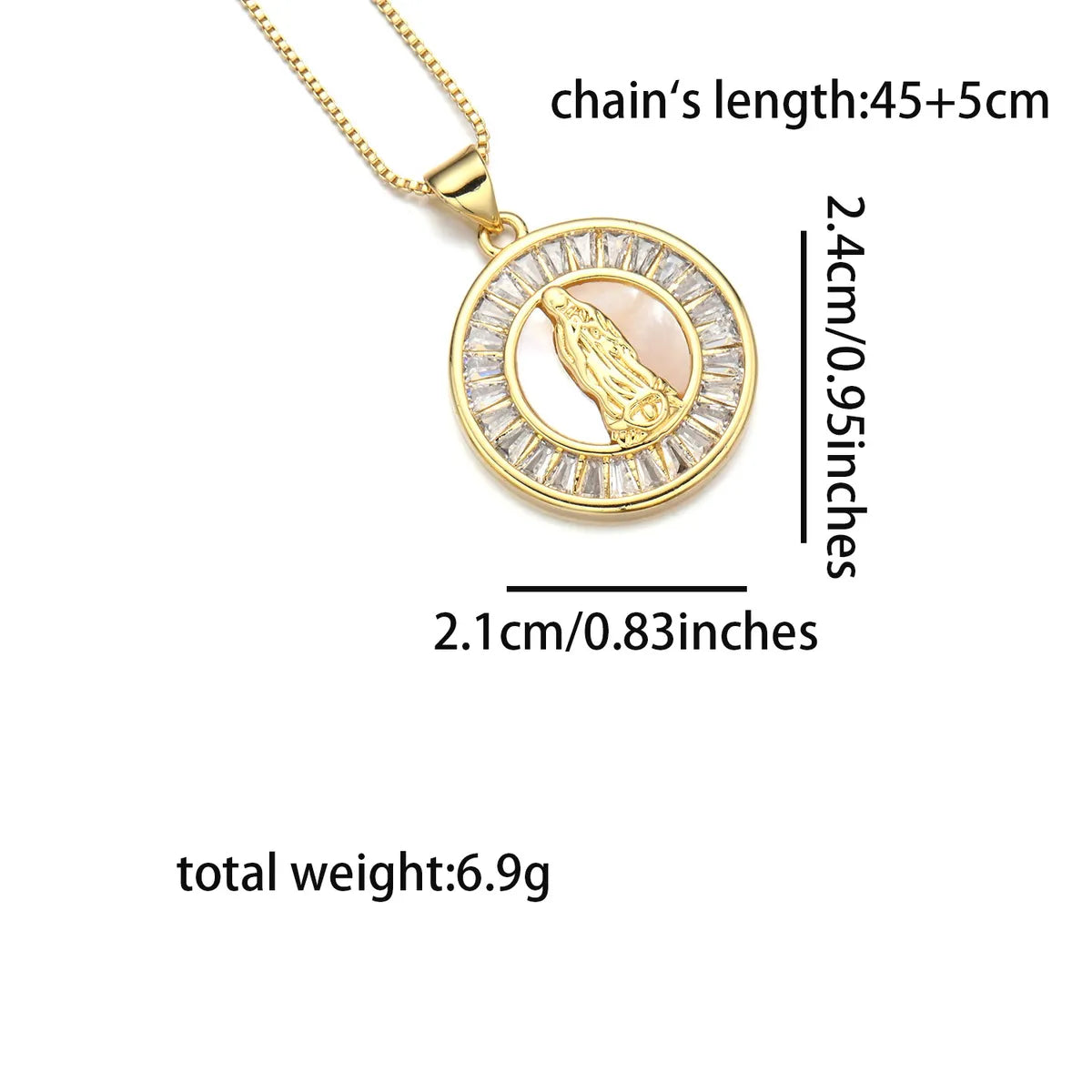 Copper 18K Gold Plated Inlay Human Round Virgin Mary Shell Zircon Pendant Necklace