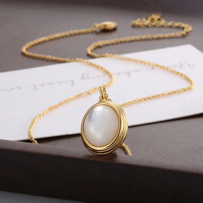 Copper 18K Gold Plated Inlay Oval Pearl Pendant Necklace