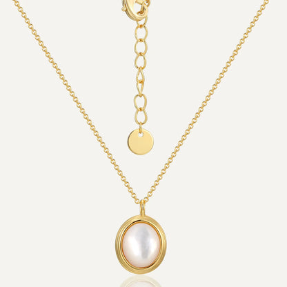 Copper 18K Gold Plated Inlay Oval Pearl Pendant Necklace