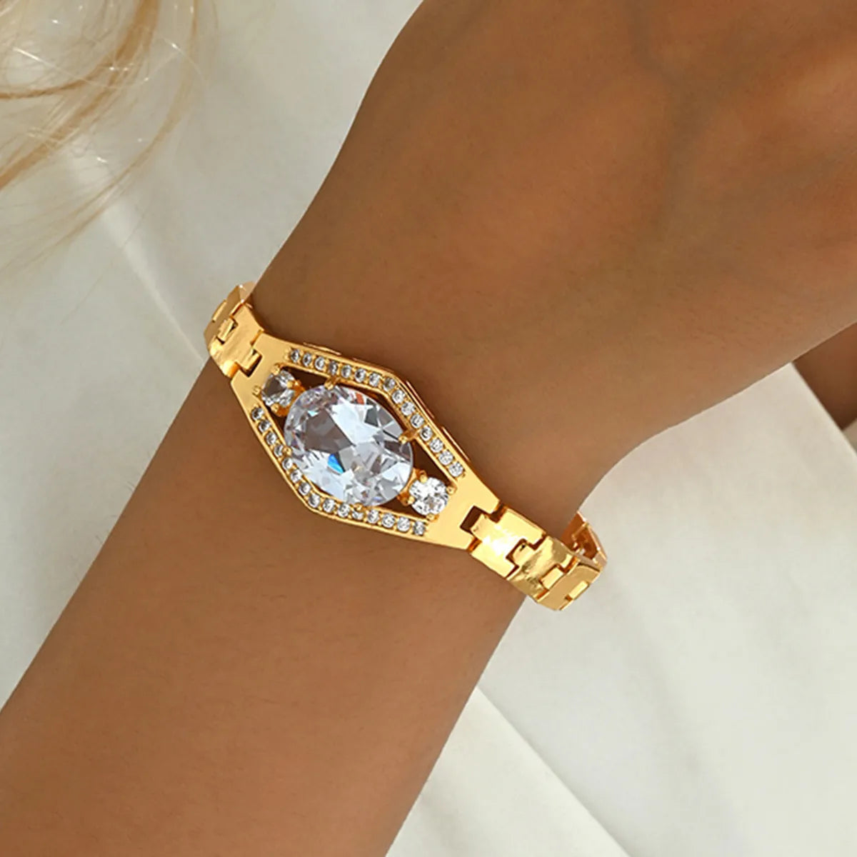 Copper 18K Gold Plated Inlay Oval Zircon Bracelets