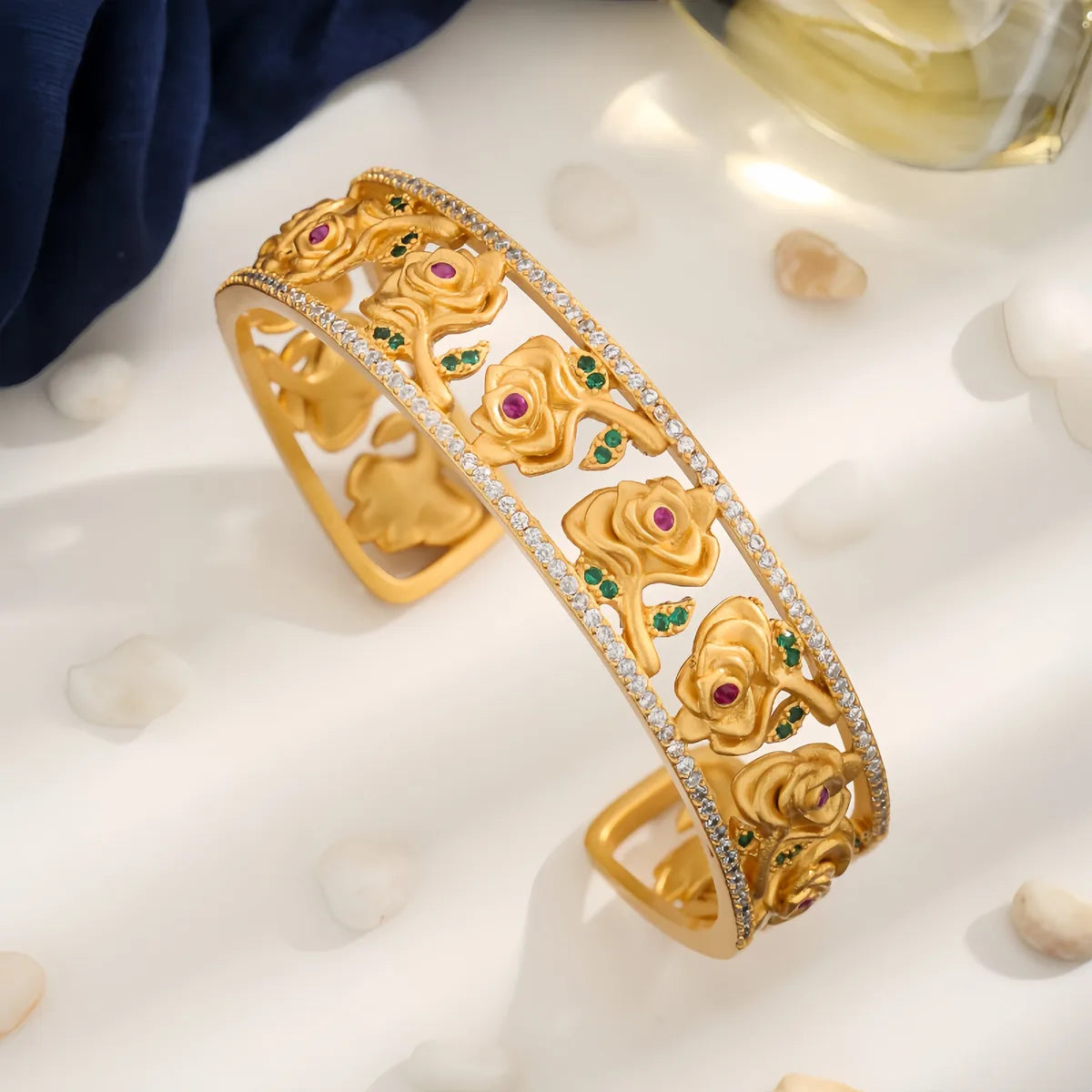 Copper 18K Gold Plated Inlay Rose Zircon Cuff Bracelets