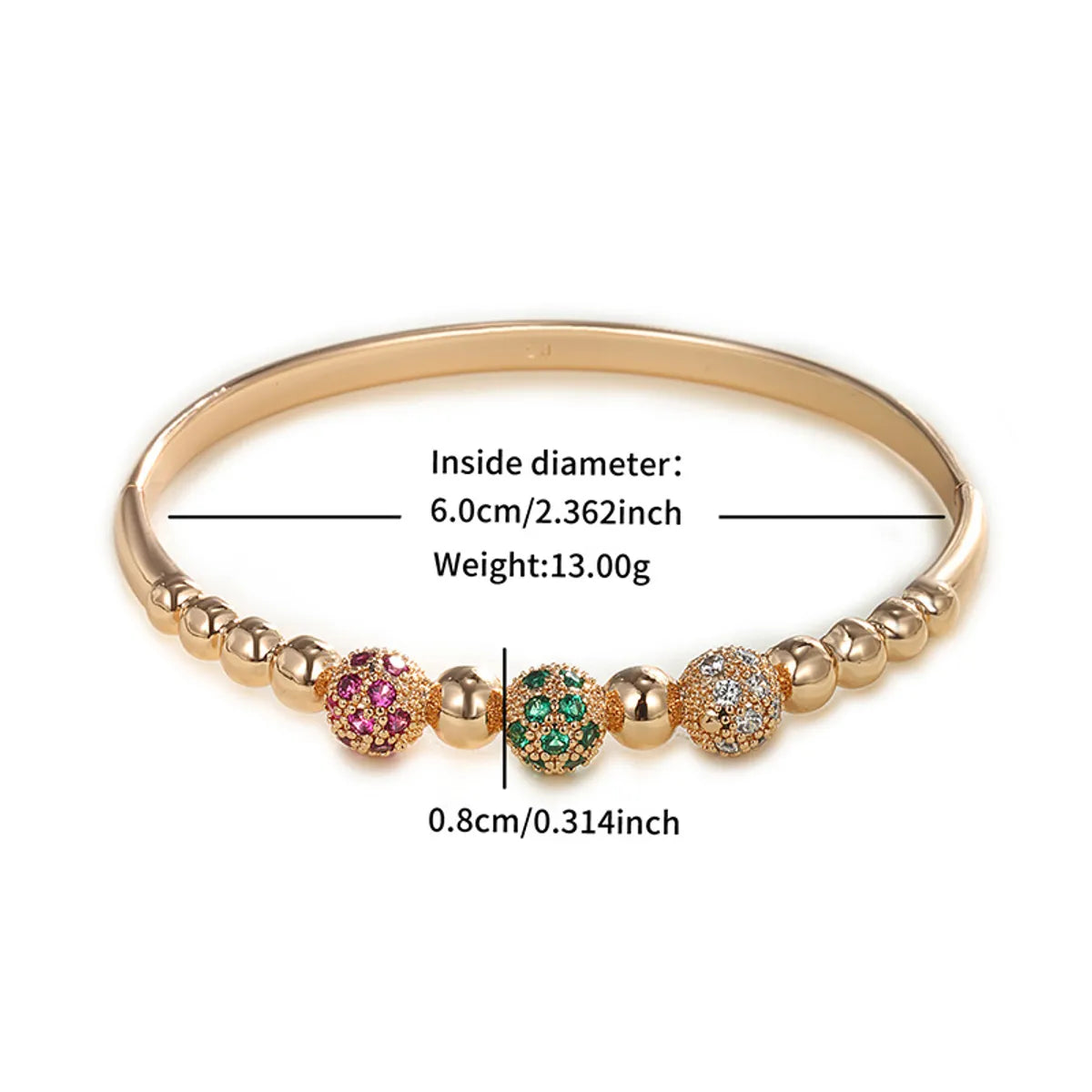 Copper 18K Gold Plated Inlay Round Artificial Gemstones Zircon Bangle