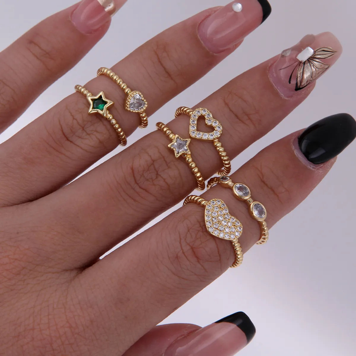 Copper 18K Gold Plated Inlay Round Dots Star Heart Shape Zircon Open Rings