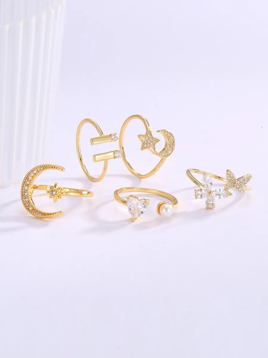 Copper 18K Gold Plated Inlay Star Moon Butterfly Zircon Open Rings