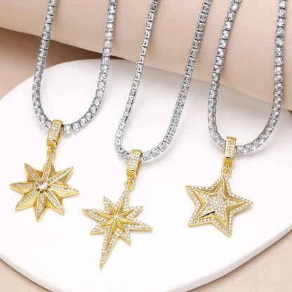 Copper 18K Gold Plated Inlay Star Zircon Pendant Necklace