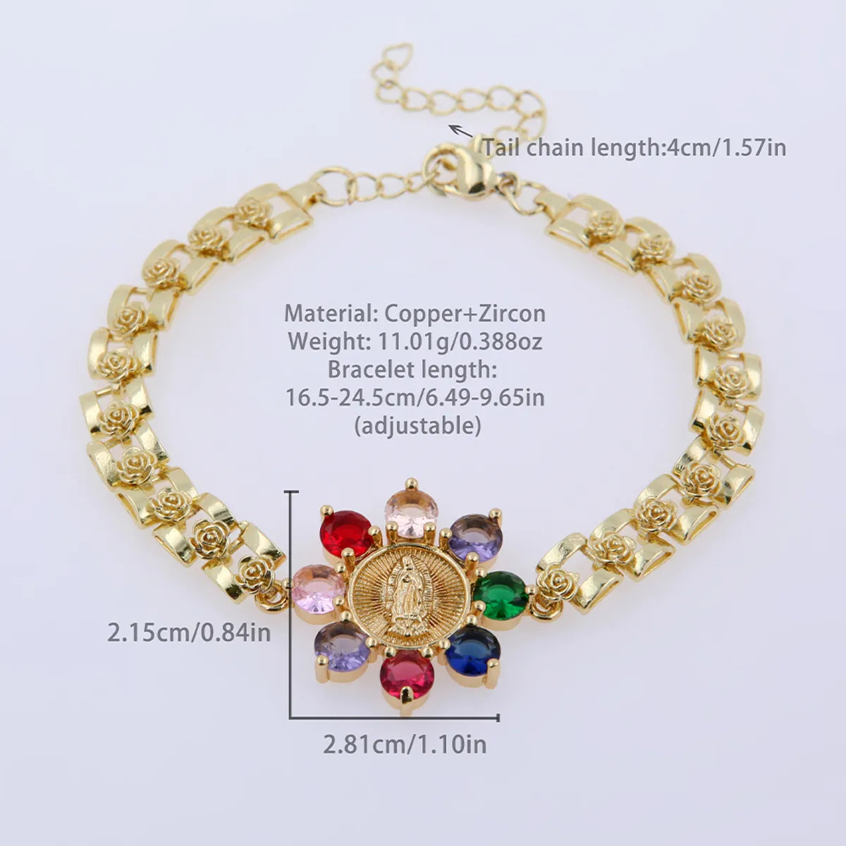 Copper 18K Gold Plated Inlay Virgin Mary Rose Zircon Bracelets