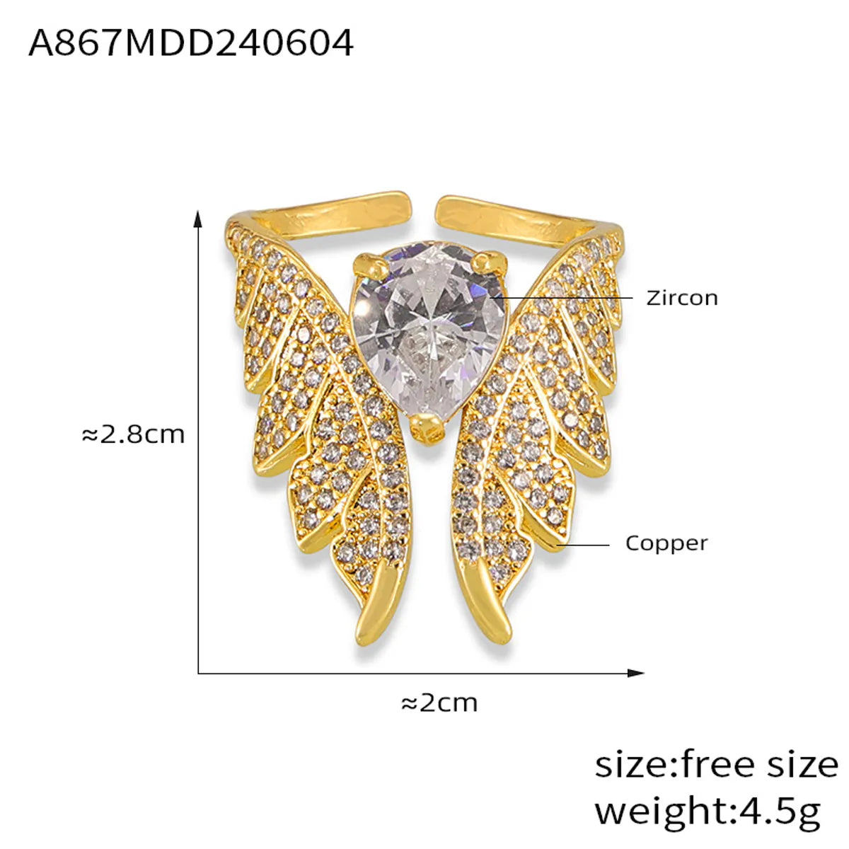 Copper 18K Gold Plated Inlay Water Droplets Wings Rhinestones Zircon Rings