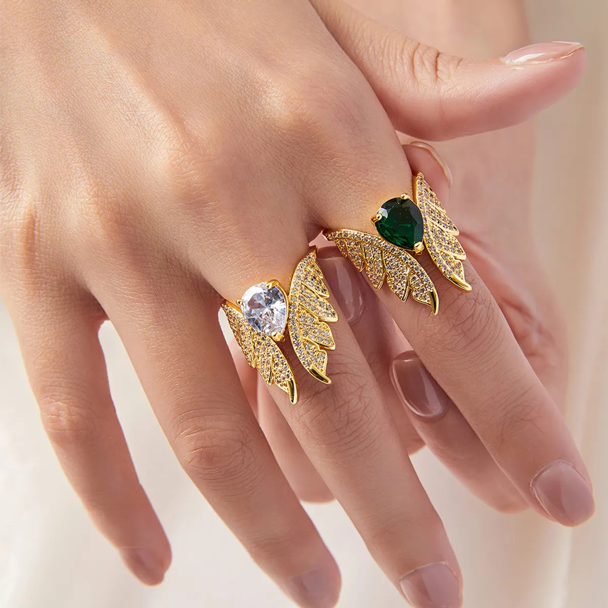 Copper 18K Gold Plated Inlay Water Droplets Wings Rhinestones Zircon Rings