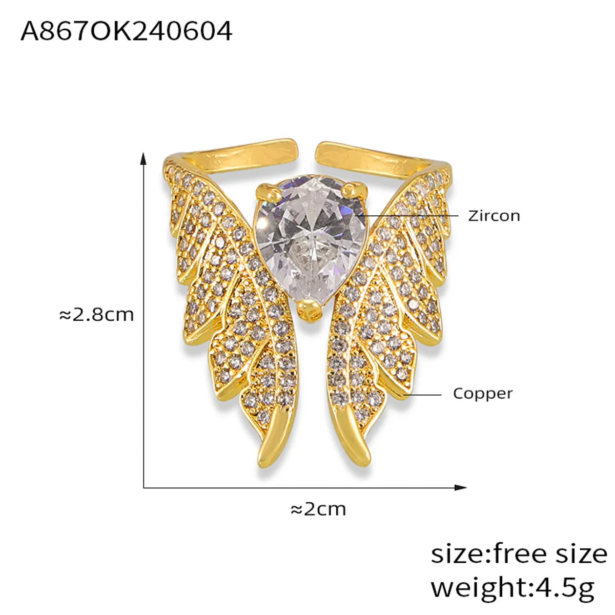 Copper 18K Gold Plated Inlay Water Droplets Wings Rhinestones Zircon Rings