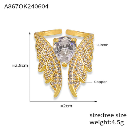 Copper 18K Gold Plated Inlay Water Droplets Wings Rhinestones Zircon Rings