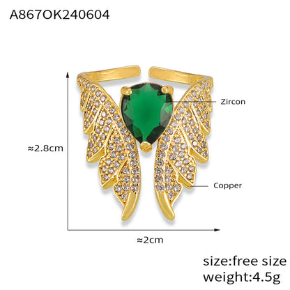 Copper 18K Gold Plated Inlay Water Droplets Wings Rhinestones Zircon Rings