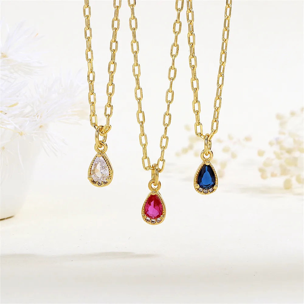 Copper 18K Gold Plated Inlay Water Droplets Zircon Pendant Necklace