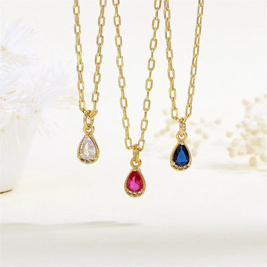 Copper 18K Gold Plated Inlay Water Droplets Zircon Pendant Necklace