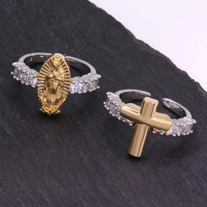 Copper 18K Gold Plated K Gold Plated Inlay Cross Virgin Mary Zircon Open Rings