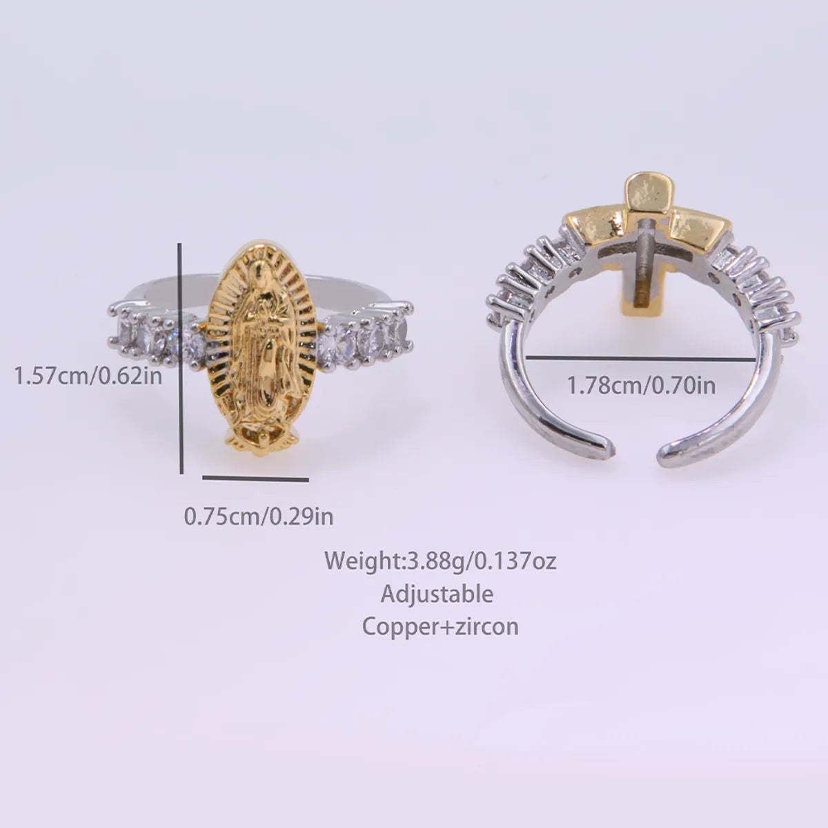 Copper 18K Gold Plated K Gold Plated Inlay Cross Virgin Mary Zircon Open Rings