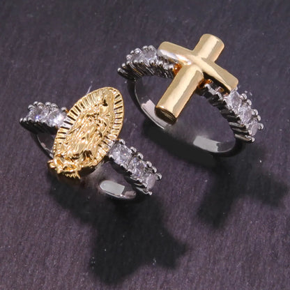 Copper 18K Gold Plated K Gold Plated Inlay Cross Virgin Mary Zircon Open Rings