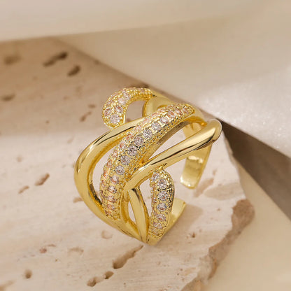 Copper 18K Gold Plated Luxurious Simple Style Commute Plating Inlay Solid Color Zircon Open Rings