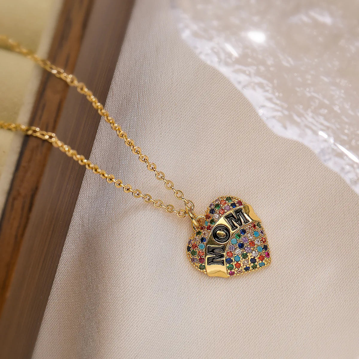 Copper 18K Gold Plated MAMA Letter Heart Shape Inlay Zircon Pendant Necklace