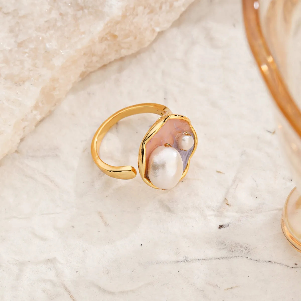 Copper 18K Gold Plated Marine Style Enamel Inlay Ocean Freshwater Pearl Open Rings