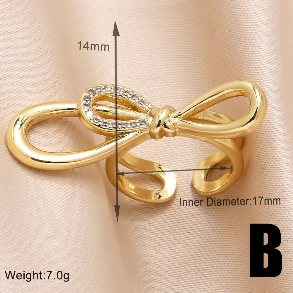 Copper 18K Gold Plated Modern Style Simple Style Plating Inlay Solid Color Lines Bow Knot Zircon Open Rings