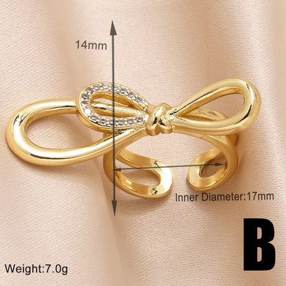 Copper 18K Gold Plated Modern Style Simple Style Plating Inlay Solid Color Lines Bow Knot Zircon Open Rings