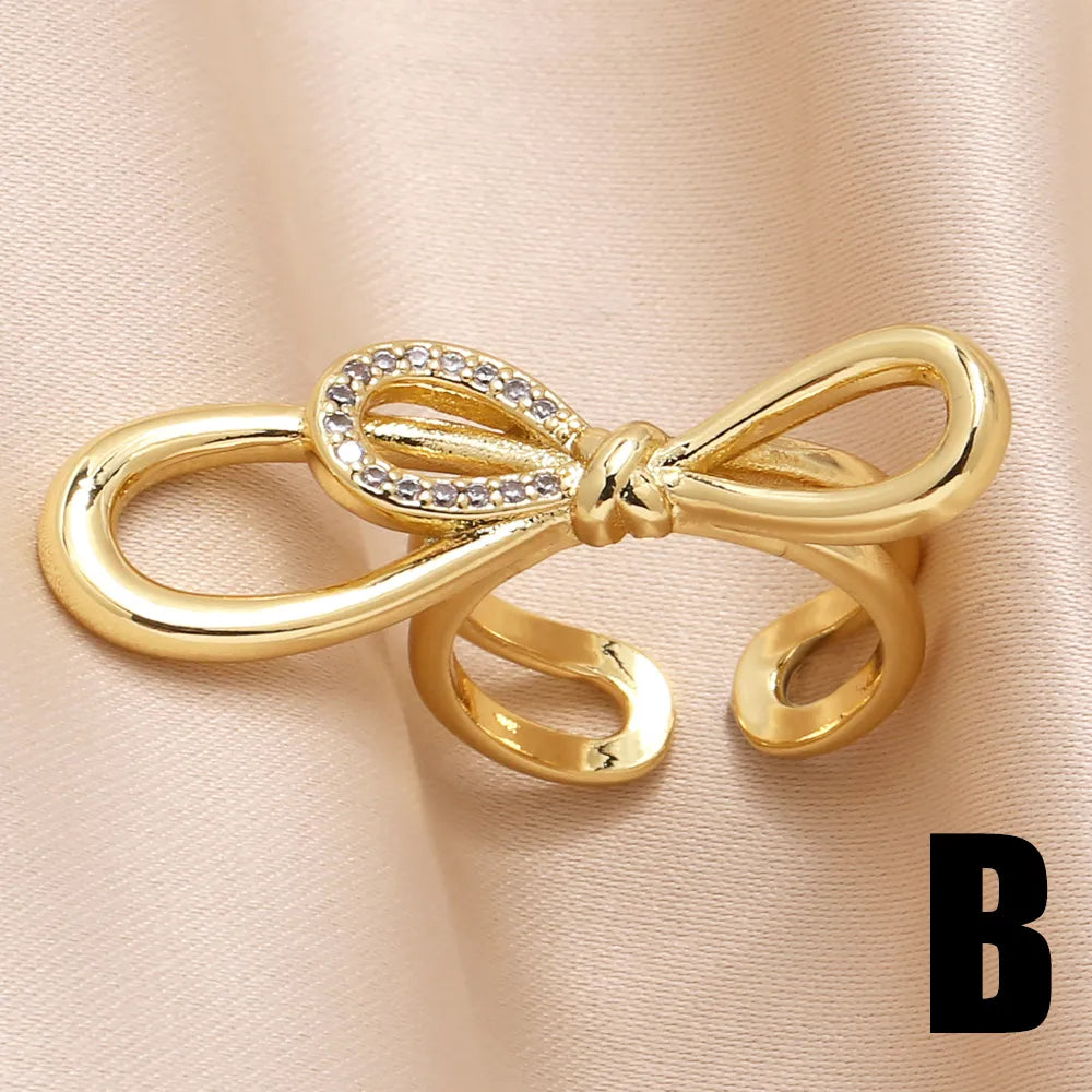 Copper 18K Gold Plated Modern Style Simple Style Plating Inlay Solid Color Lines Bow Knot Zircon Open Rings