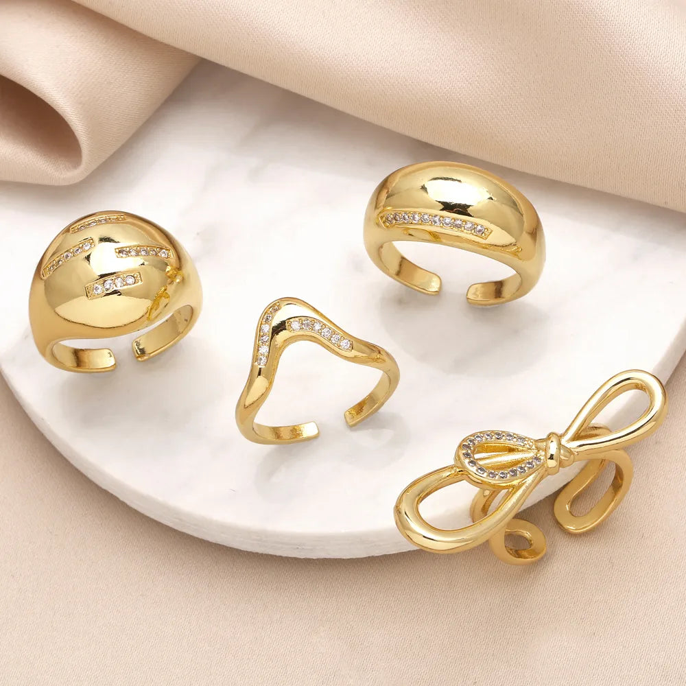 Copper 18K Gold Plated Modern Style Simple Style Plating Inlay Solid Color Lines Bow Knot Zircon Open Rings