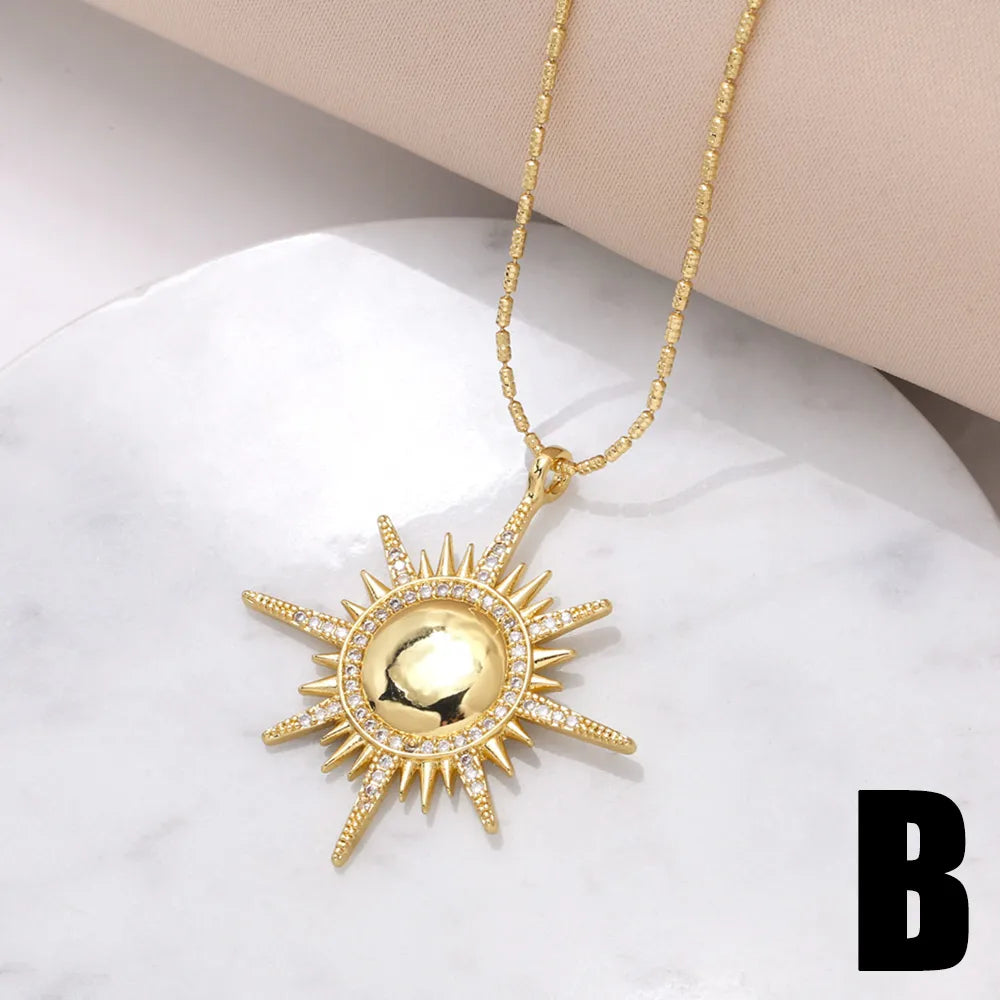 Copper 18K Gold Plated Modern Style Simple Style Plating Inlay Sun Moon Zircon Pendant Necklace