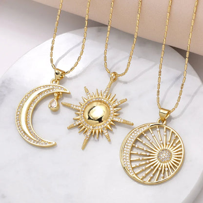 Copper 18K Gold Plated Modern Style Simple Style Plating Inlay Sun Moon Zircon Pendant Necklace