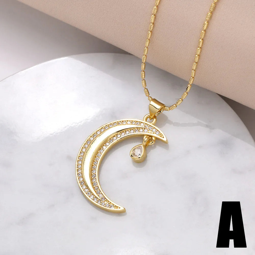 Copper 18K Gold Plated Modern Style Simple Style Plating Inlay Sun Moon Zircon Pendant Necklace