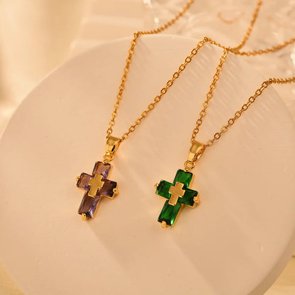 Copper 18K Gold Plated Nordic Style Classic Style Cross Inlay Zircon Pendant Necklace