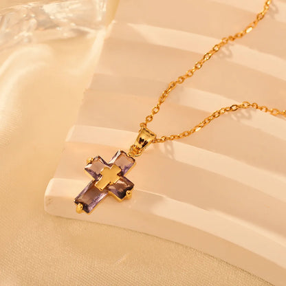 Copper 18K Gold Plated Nordic Style Classic Style Cross Inlay Zircon Pendant Necklace