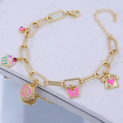 Copper 18K Gold Plated Patchwork Tassel Inlay Heart Shape Donuts Phone Zircon Bracelets