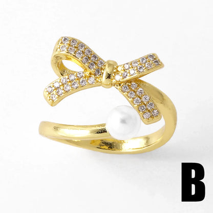 Copper 18K Gold Plated Plating Inlay Bow Knot Zircon Open Rings Rings