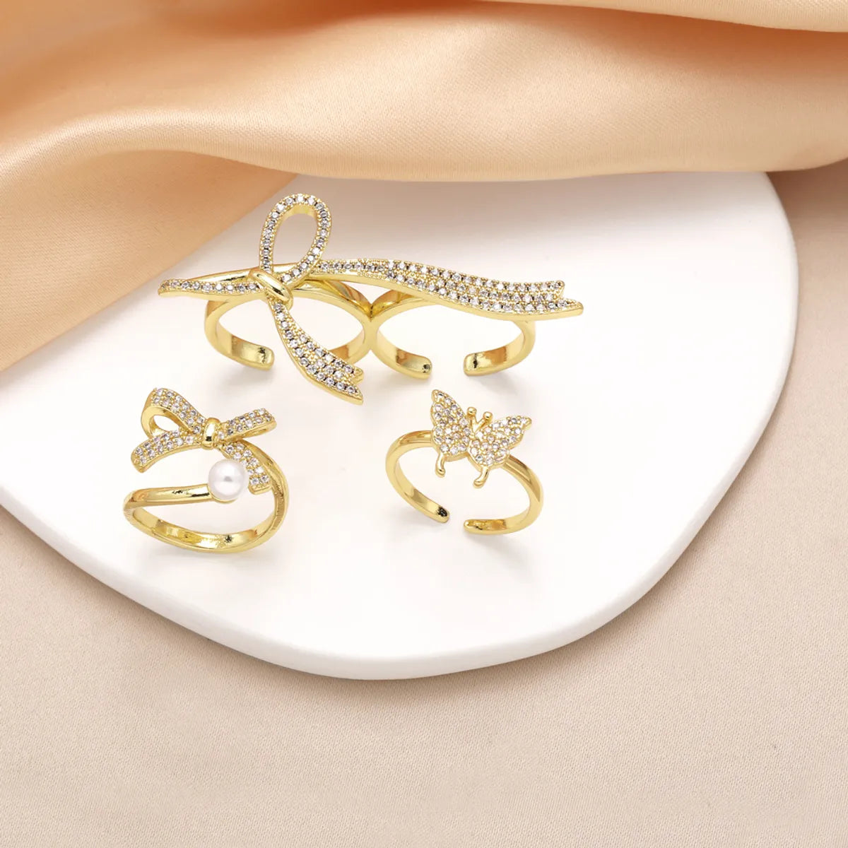 Copper 18K Gold Plated Plating Inlay Bow Knot Zircon Open Rings Rings