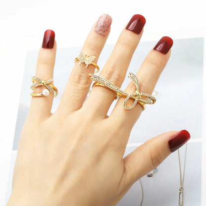 Copper 18K Gold Plated Plating Inlay Bow Knot Zircon Open Rings Rings