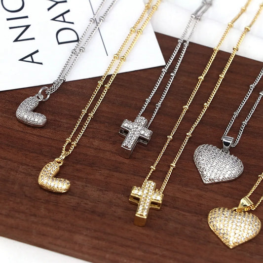 Copper 18K Gold Plated Plating Inlay Cross Heart Shape Zircon Pendant Necklace