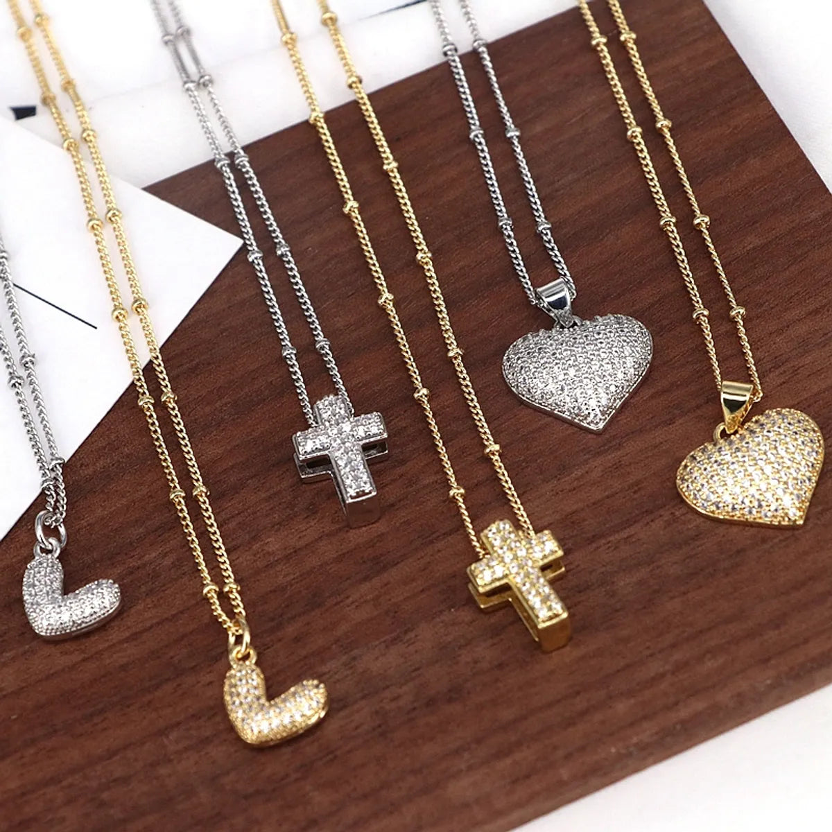 Copper 18K Gold Plated Plating Inlay Cross Heart Shape Zircon Pendant Necklace