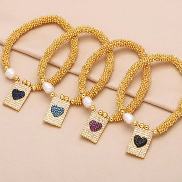 Copper 18K Gold Plated Plating Inlay Heart Shape Zircon Bracelets