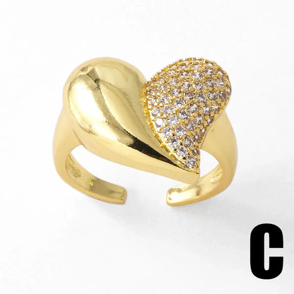 Copper 18K Gold Plated Plating Inlay Heart Shape Zircon Open Rings