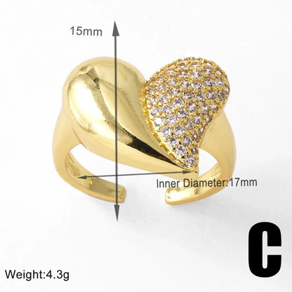 Copper 18K Gold Plated Plating Inlay Heart Shape Zircon Open Rings