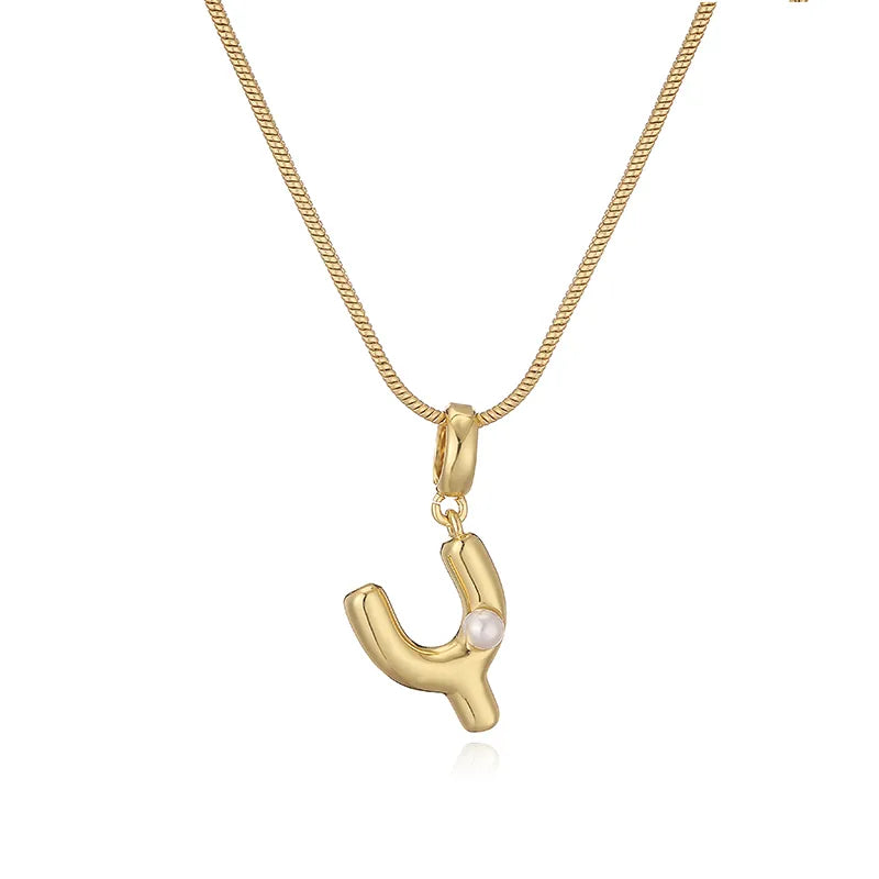 Copper 18K Gold Plated Plating Inlay Letter Artificial Pearls Pendant Necklace