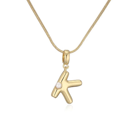 Copper 18K Gold Plated Plating Inlay Letter Artificial Pearls Pendant Necklace