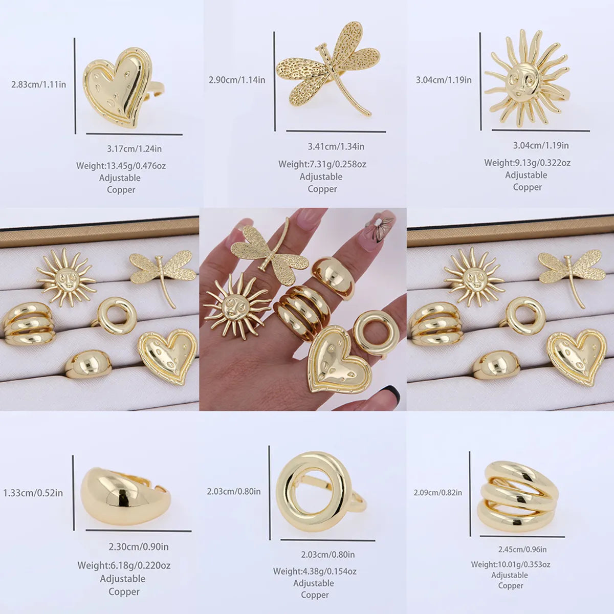 Copper 18K Gold Plated Plating Sun Heart Shape Dragonfly Open Rings