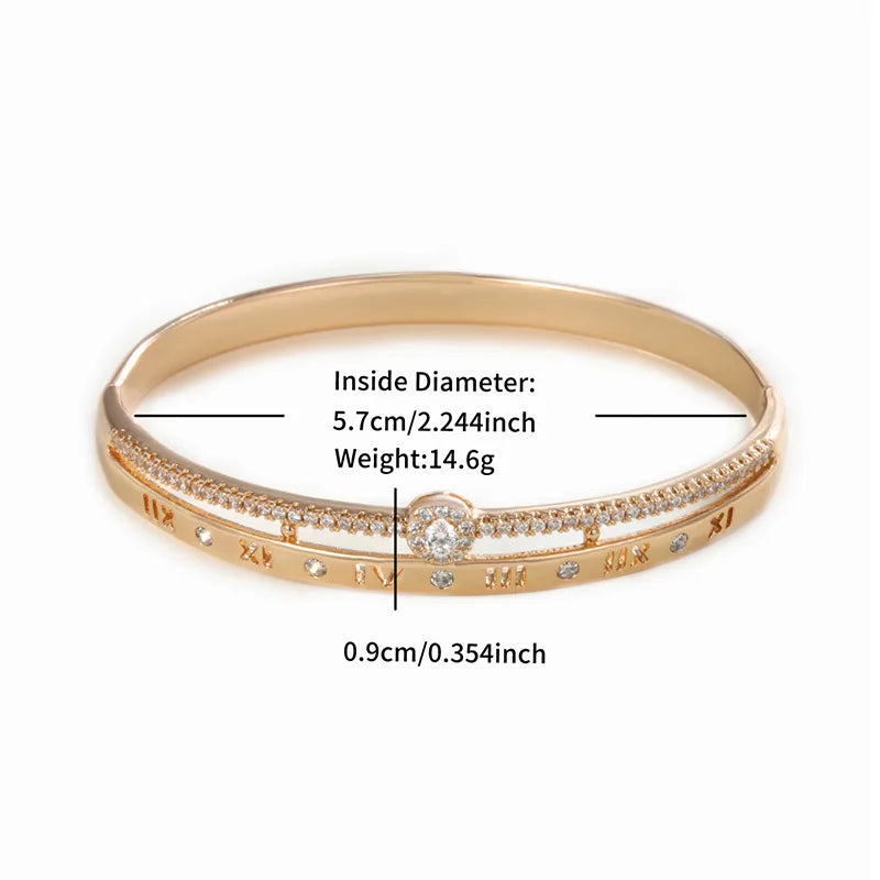 Copper 18K Gold Plated Platinum Plated Inlay Round Roman Numeral Artificial Gemstones Bangle